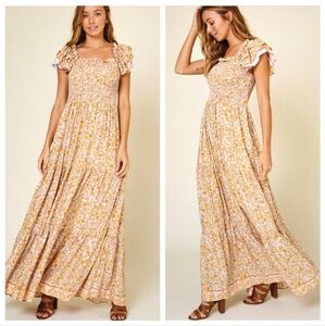 Floral Boho Maxi Dress With Ruffled Cap Sleeves